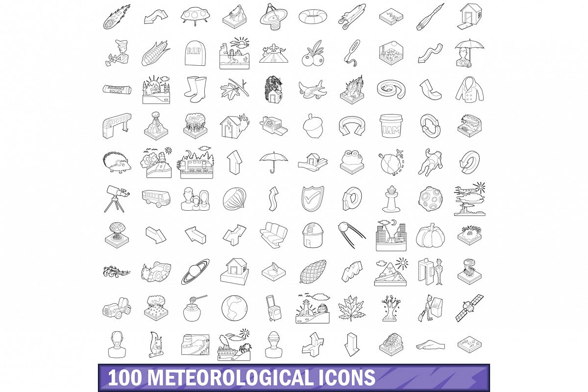 100 meteorological icons set, outline style example image 1