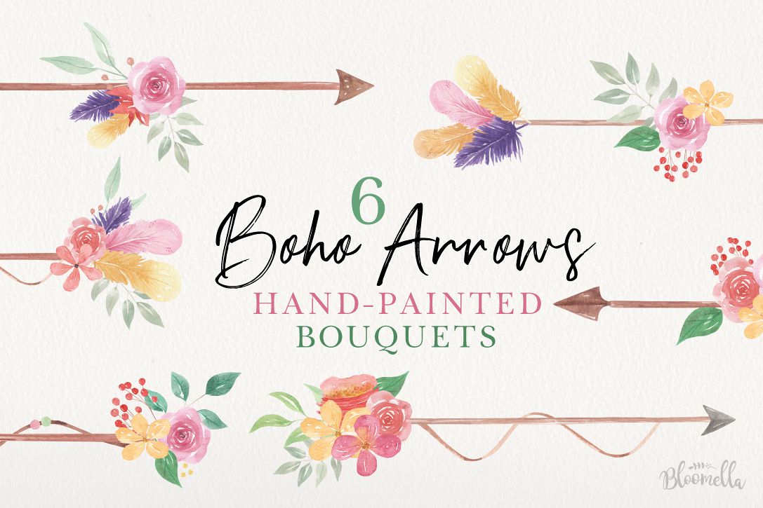 Boho Arrows Watercolor Floral Pink Flowers Blooming Leaves example image 1