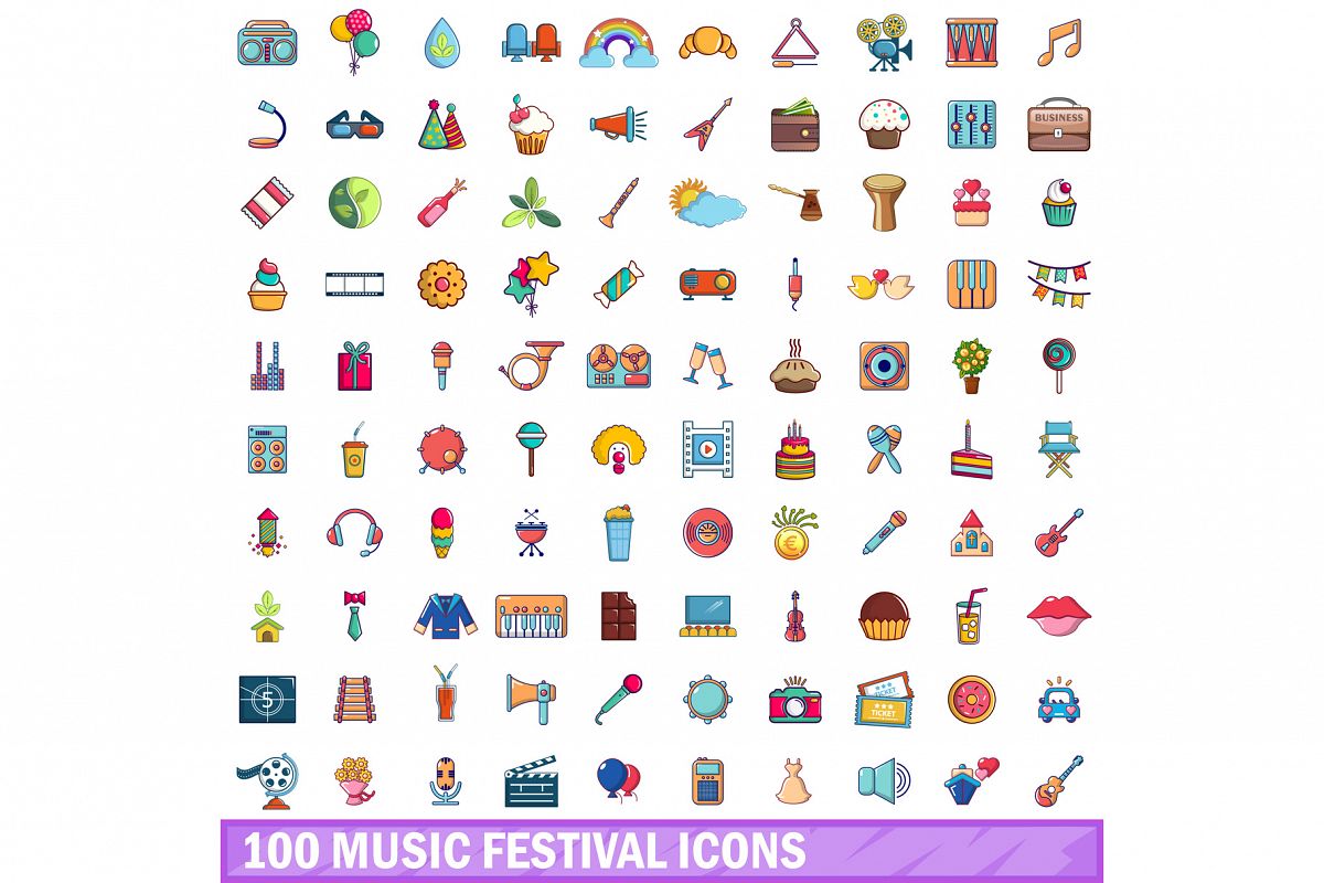 100 music festival icons set, cartoon style example image 1