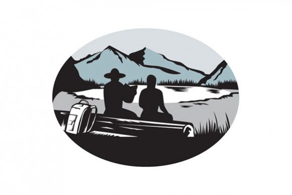 Two Trampers Sitting on Log Lake Mountain Oval Woodcut example image 1