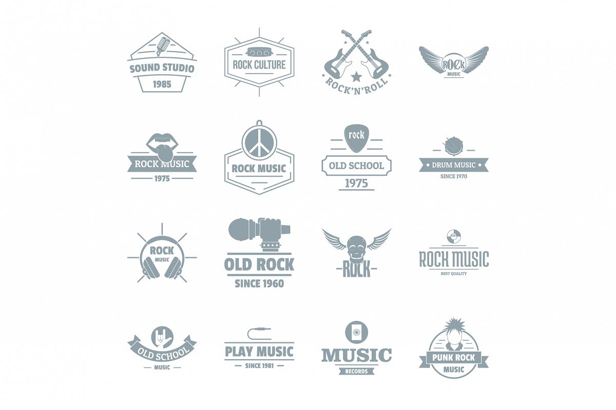 Rock music logo icons set, simple style example image 1