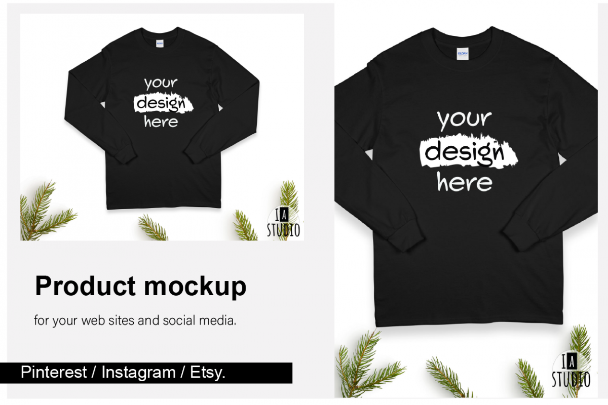 Christmas Long Sleeve Tee Mockup / Gildan 2400 / Black example image 1
