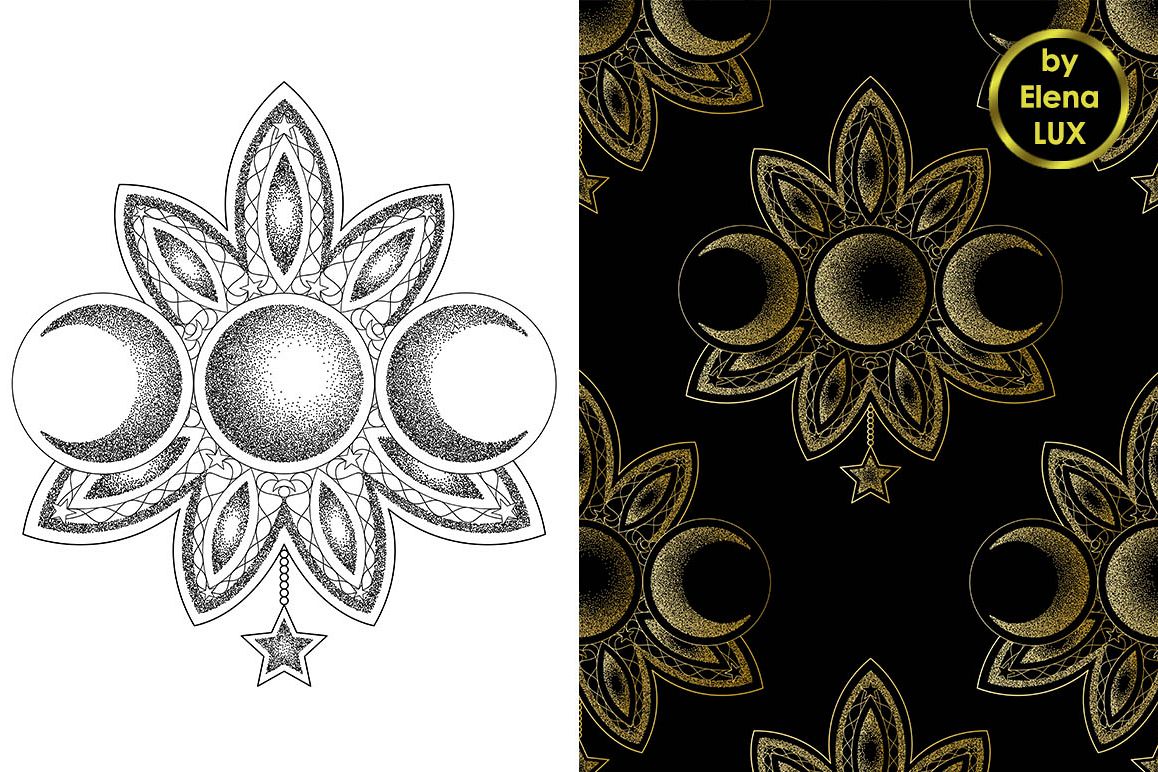 Triple Moon Dotwork Tattoo and Seamless Patterns example image 1