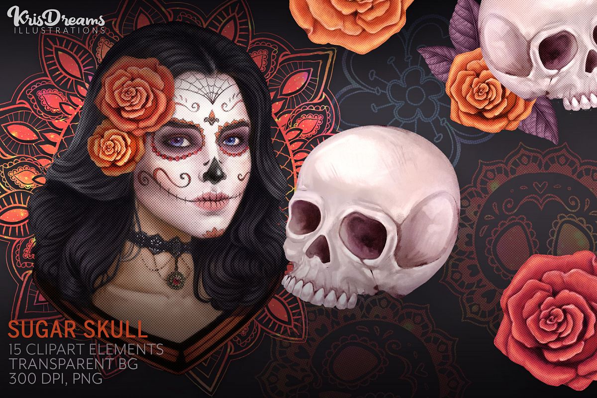 Sugar Skull Clipart, Mexican Lace Clipart, Day of the Dead example image 1