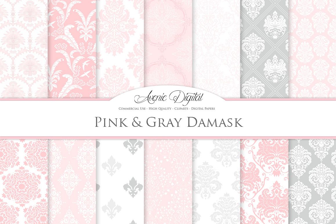 28 Pink and Gray Damask Patterns - Seamless Digital Papers Bundle example image 1