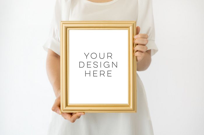 Gold Frame Mockup, 8x10 frame mockup, Girl Holding Poster Mockup, Girl Holding Frame Mockup, digital photoshop backgrounds, Gold mock up example image 1