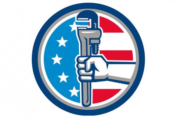 Plumber Hand Pipe Wrench USA Flag Upright Circle Retro example image 1