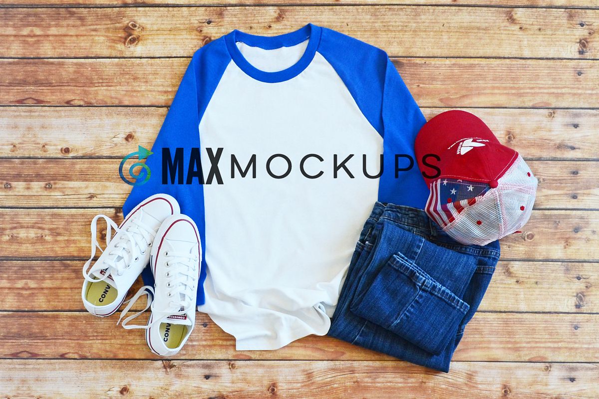 Download White, blue raglan baseball shirt Mockup, summer, July 4th