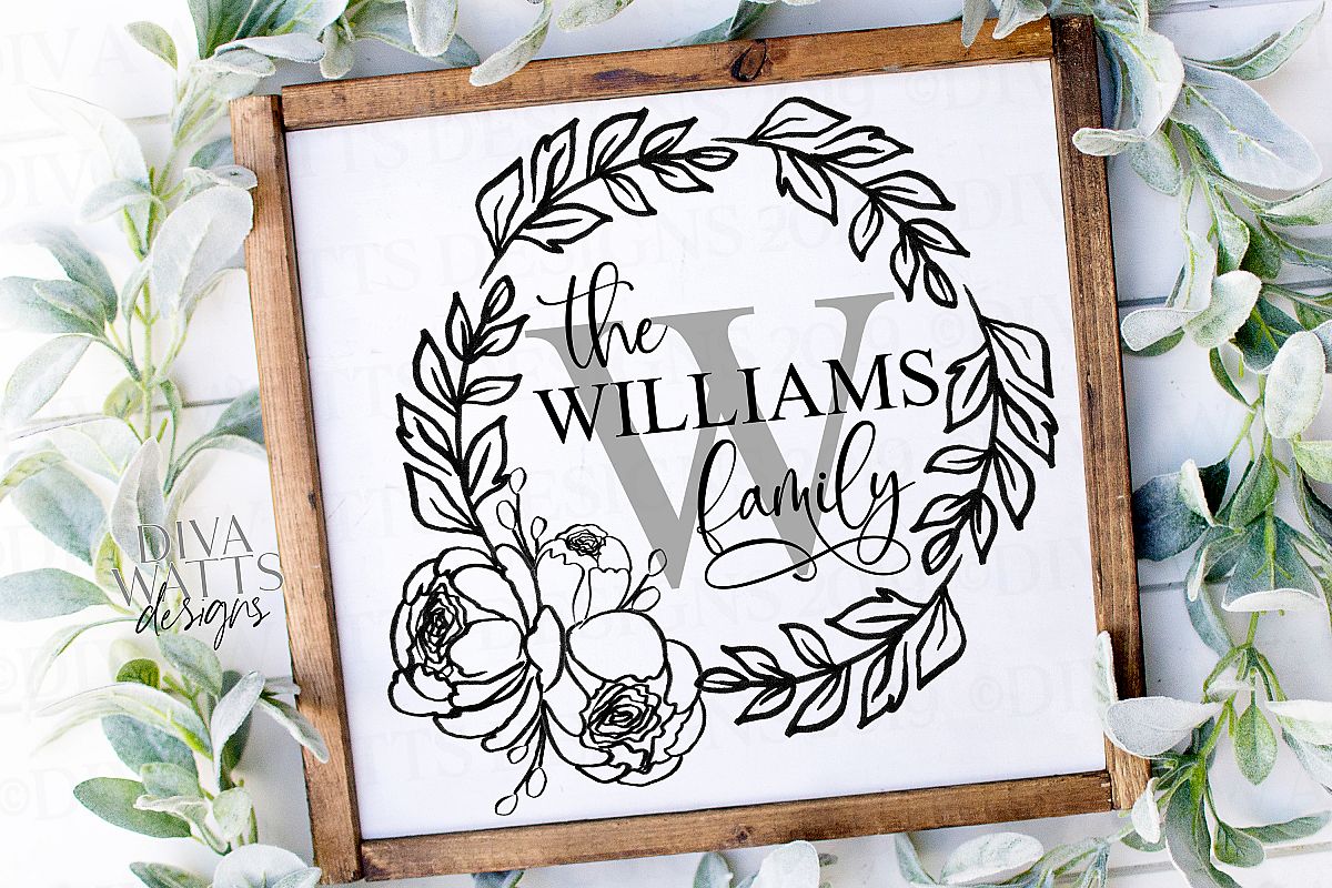 Download Monogram Family Name Farmhouse Wreath with Peonies SVG