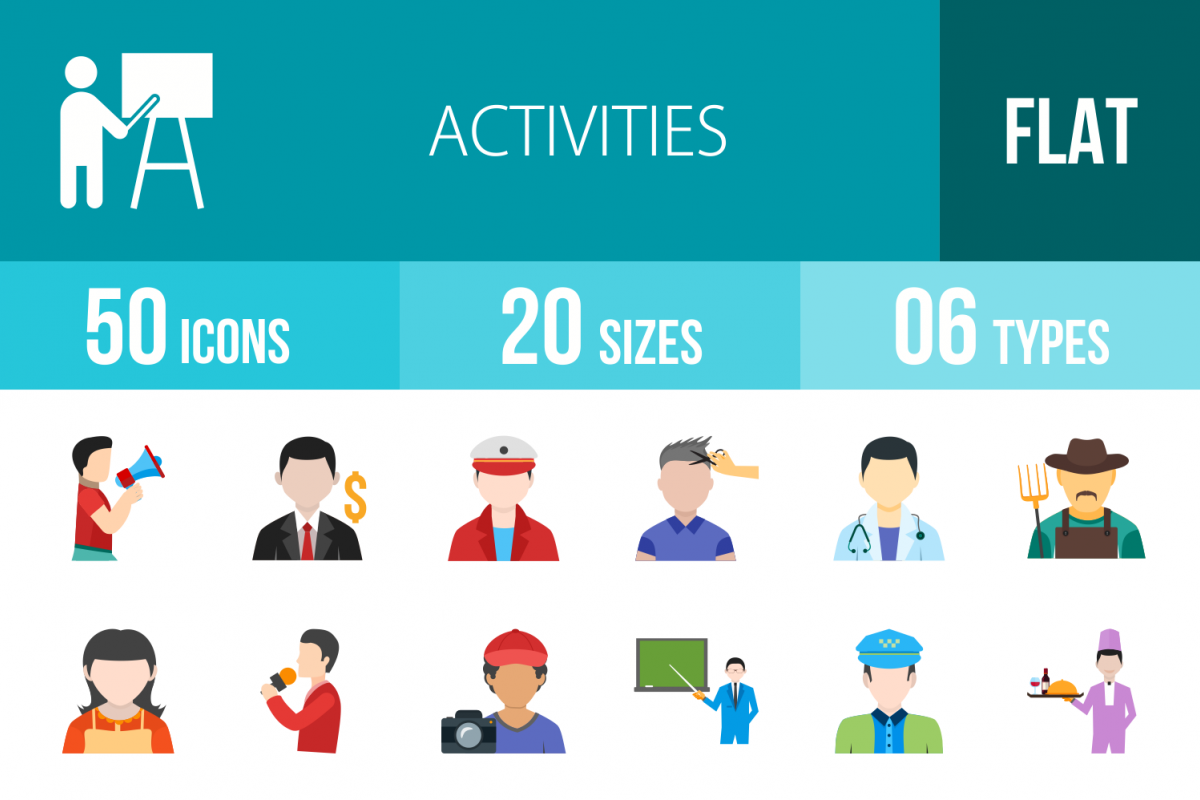 50 Activities Flat Multicolor Icons example image 1