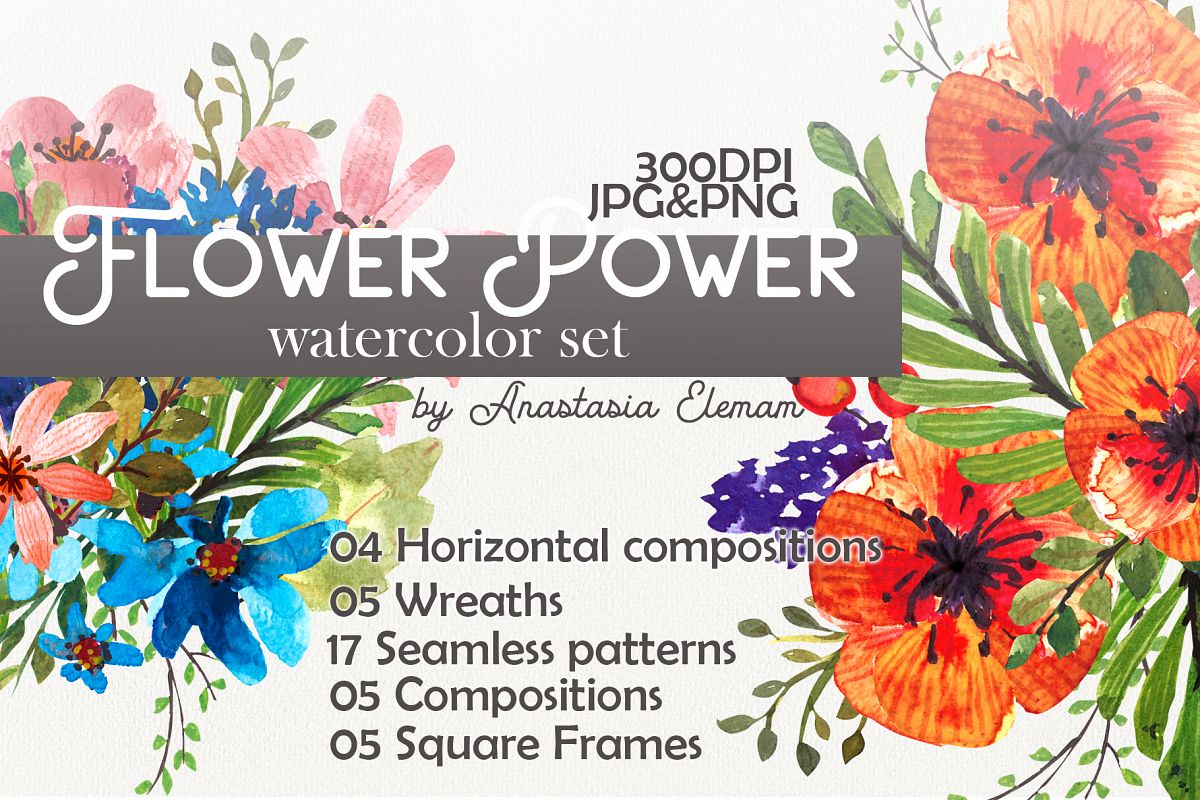 Flower Power watercolor pack set with frames wreath patterns example image 1