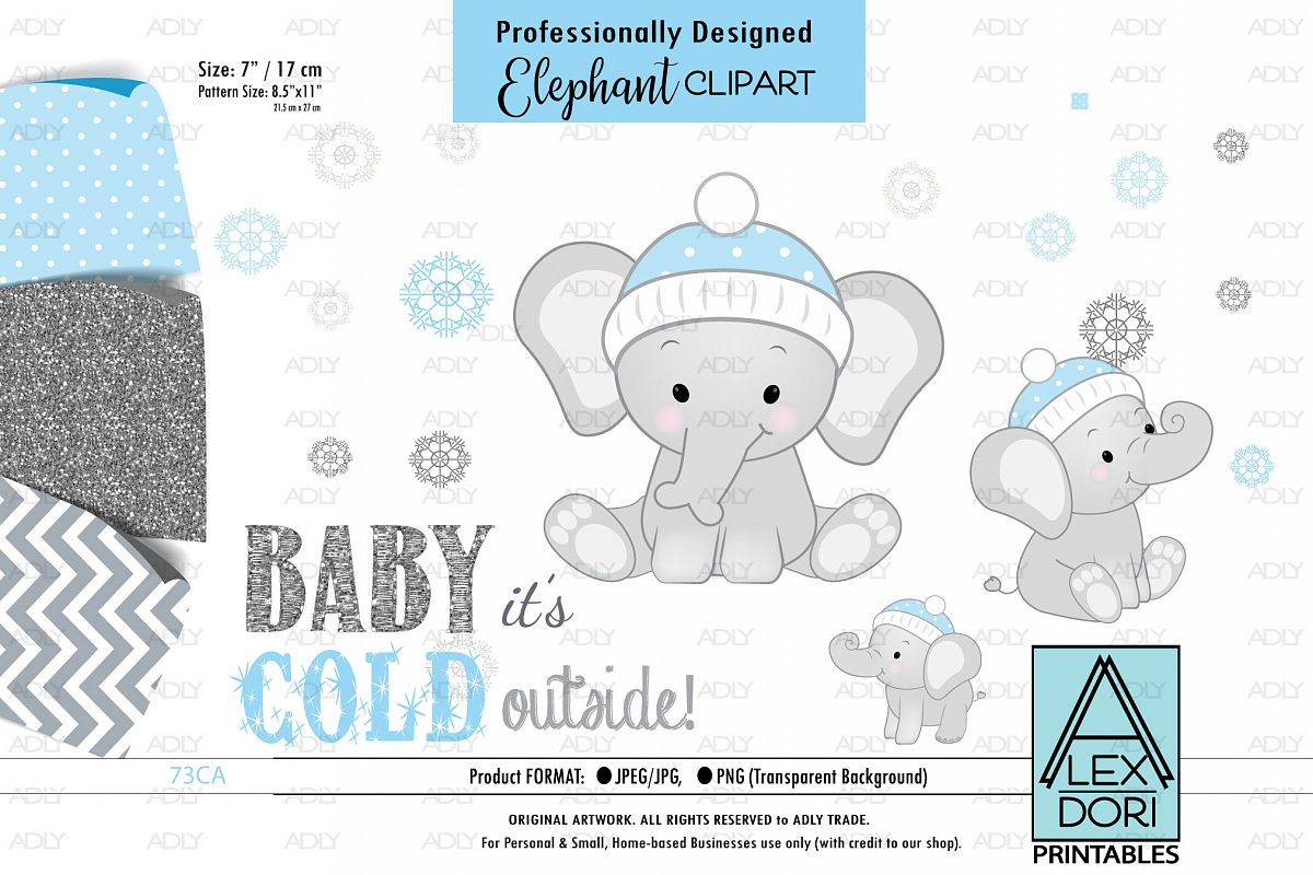 Winter BAbay Elephant, Baby Boy Shower PNG, ClipArt example image 1