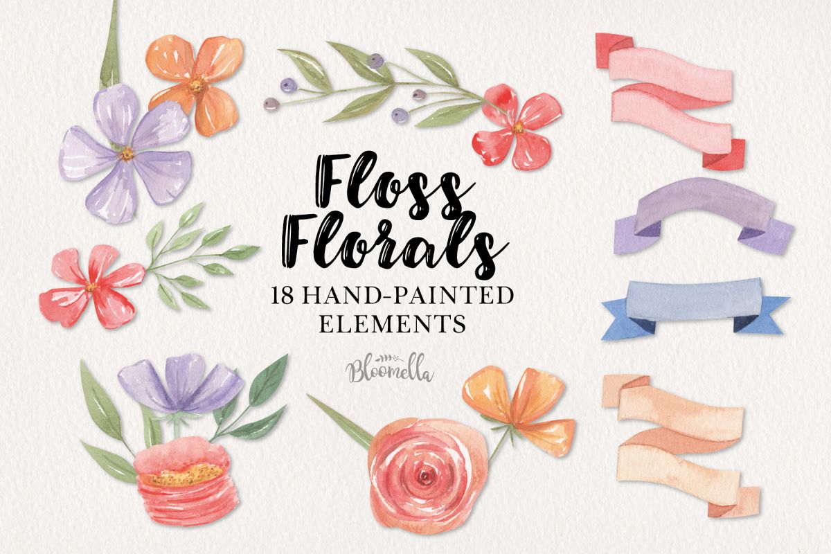 Floss Florals 18 Watercolor Elements Red Purple Flowers example image 1