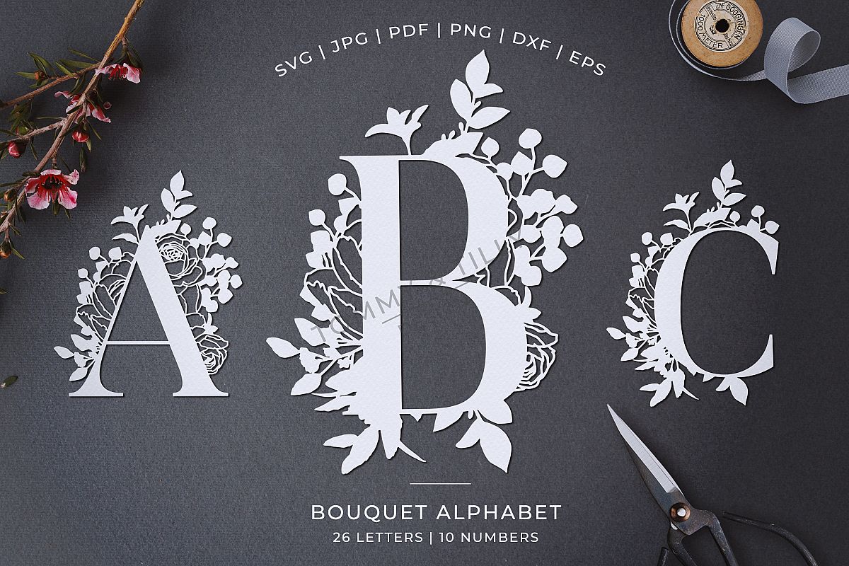 Bouquet Alphabet - Papercutting SVG DXF PNG EPS JPG PDF example image 1