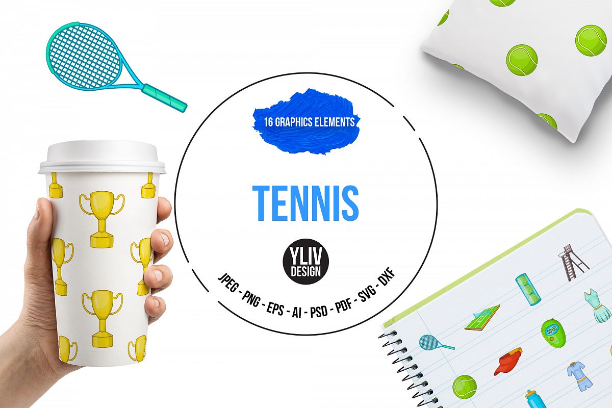 Tennis icons set, cartoon style example image 1