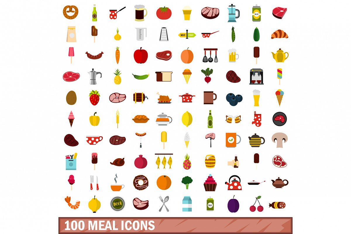 100 meal icons set, flat style example image 1