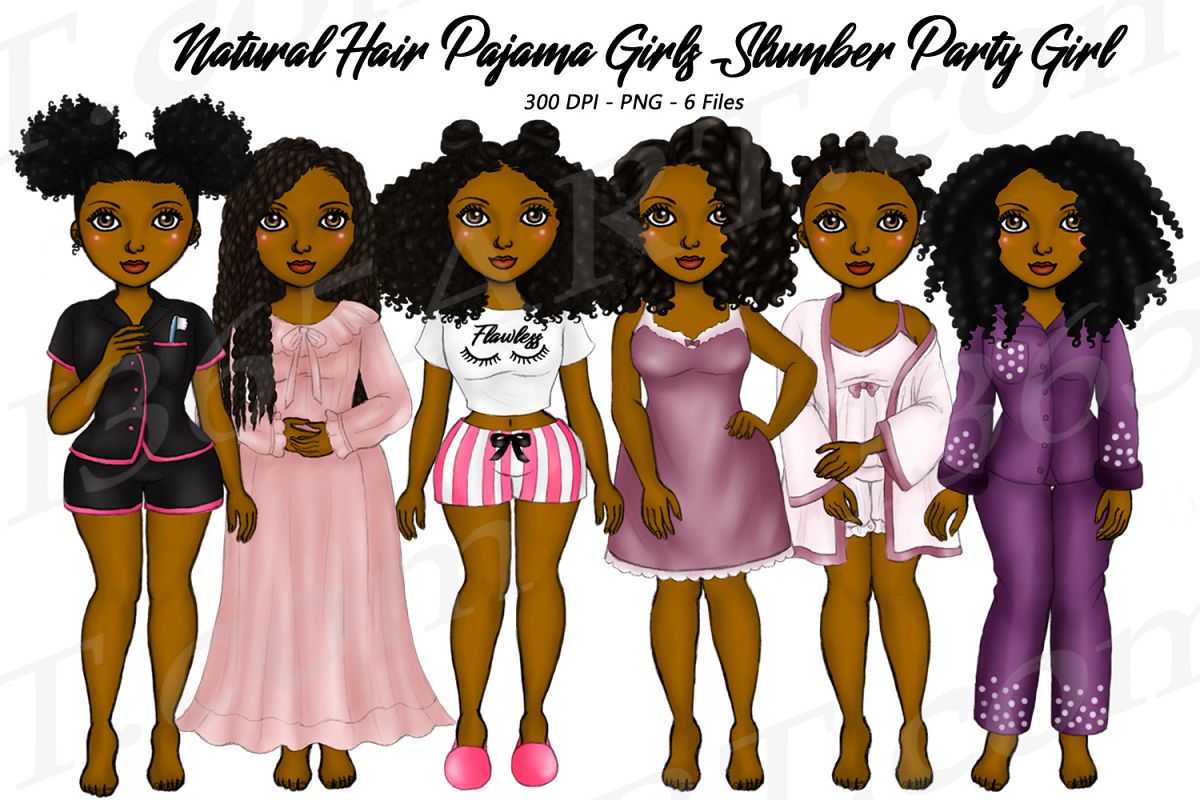 Pajama Girls Slumber Party Black Girls Natural Hair Clipart example image 1