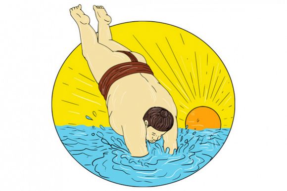 Japanese Sumo Wrestler Diving Sea Sunset Circle Drawing example image 1