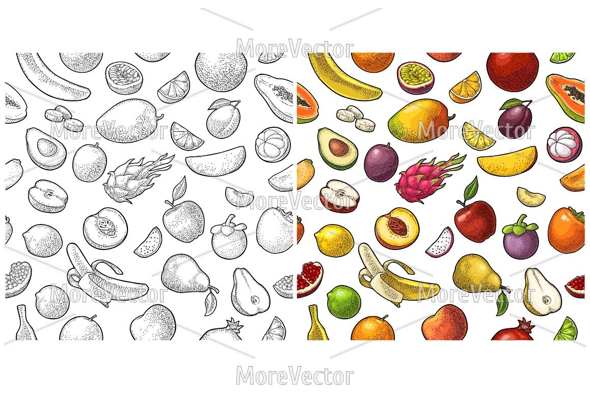 Seamless pattern fruits. Engraving example image 1