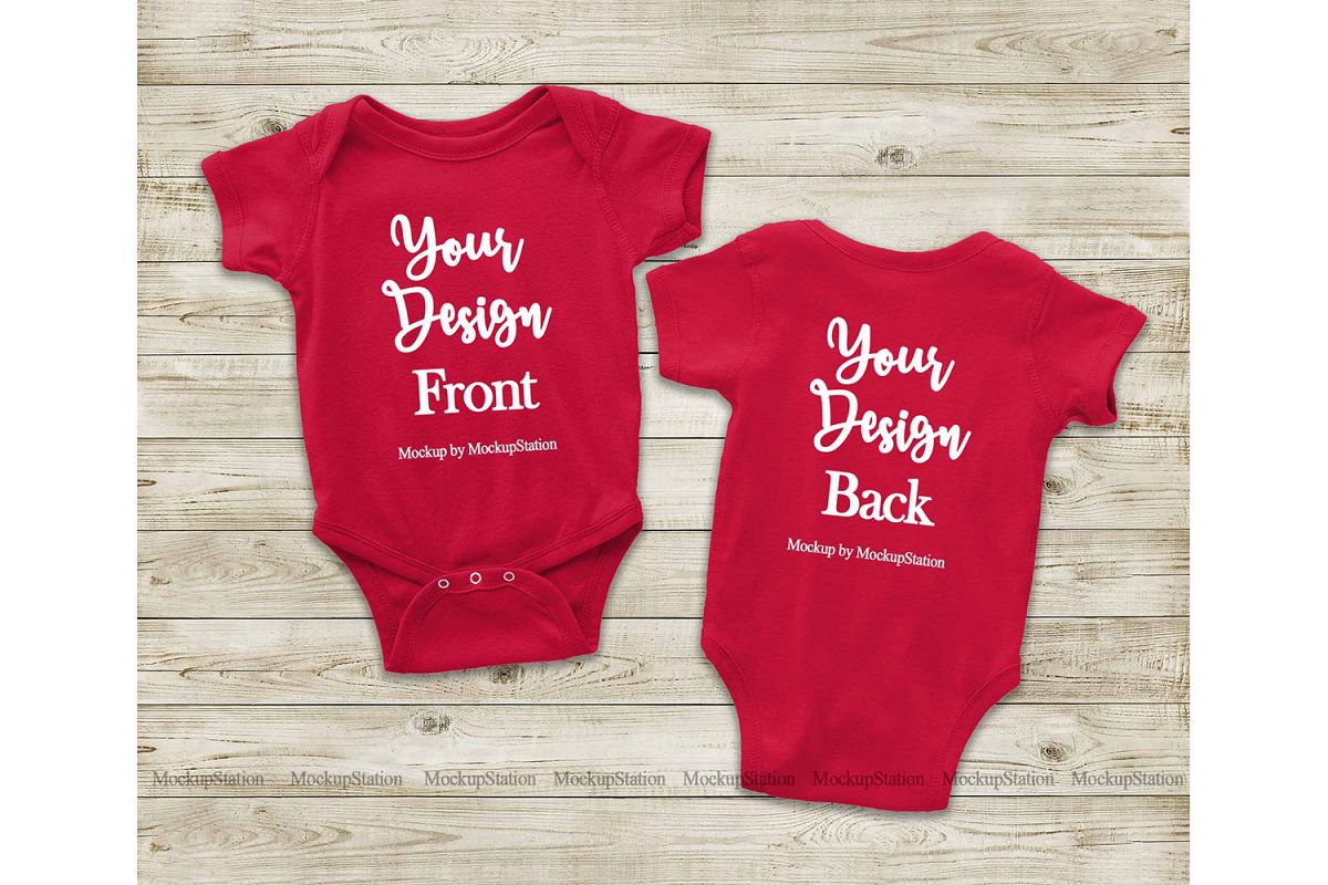 Red Front & Back Baby Bodysuit Mockup, Toddler Mock Up example image 1