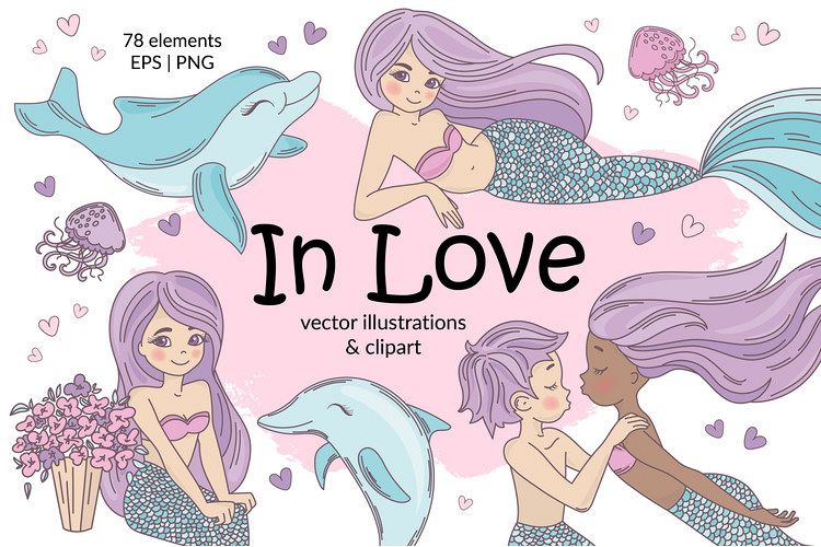 MERMAID IN LOVE Tropical Travel Vector Illustration Set example image 1