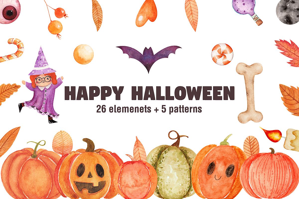 Hand painted Watercolor Halloween Party Fall Set pumpkins example image 1
