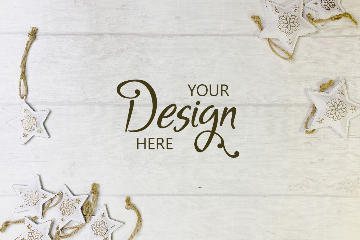 Styled Desk On White Shabby Wood background Xmas decorations example image 1