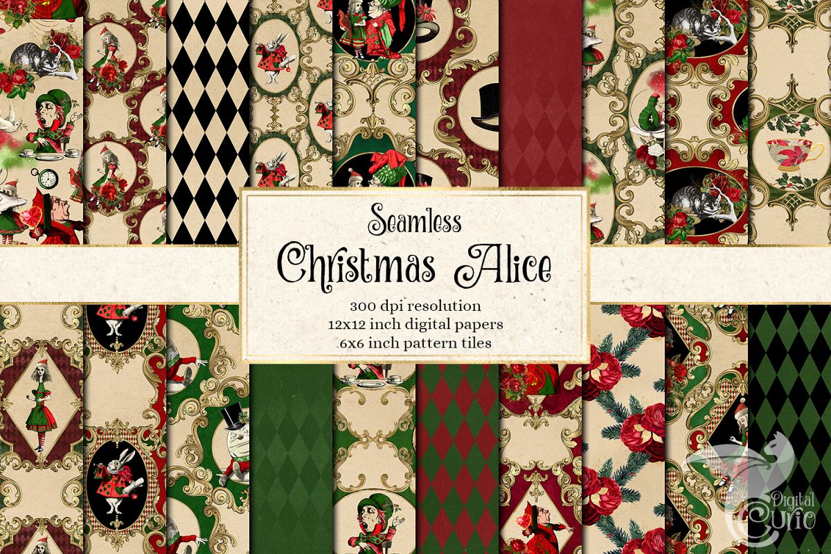 Christmas Alice In Wonderland Digital Paper example image 1