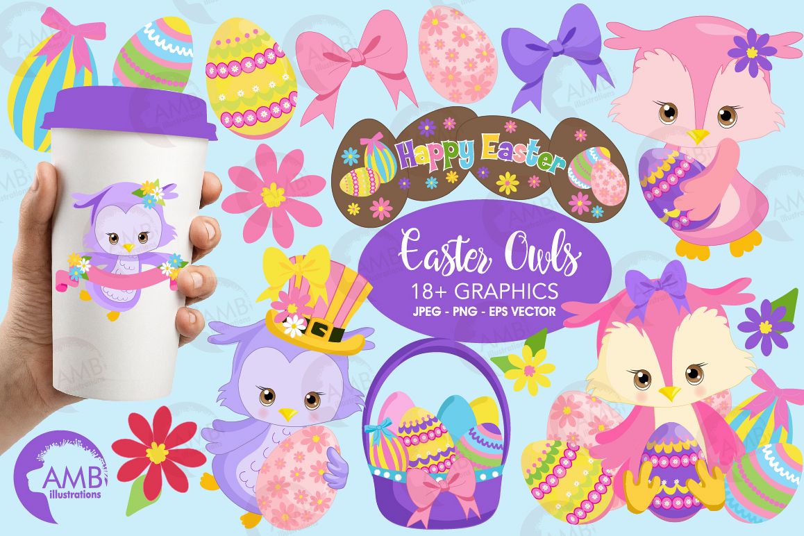 Easter Owls clipart, graphics, illustrations AMB-1818 example image 1