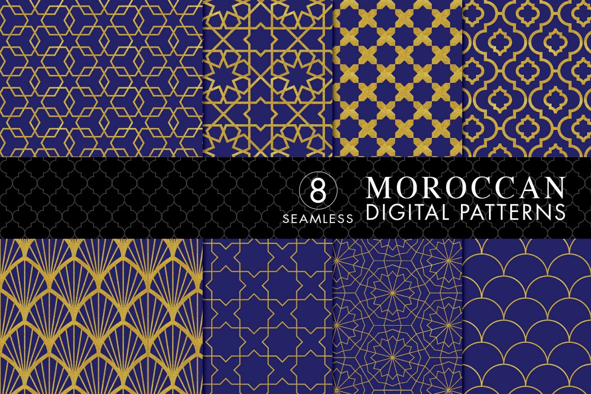 8 Seamless Moroccan Patterns - Gold & Cobalt Blue Set 1 example image 1