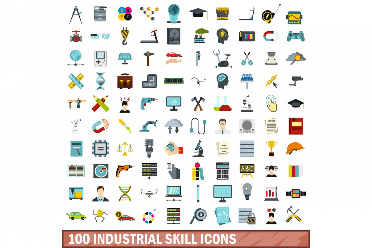 100 industrial skill icons set, flat style example image 1