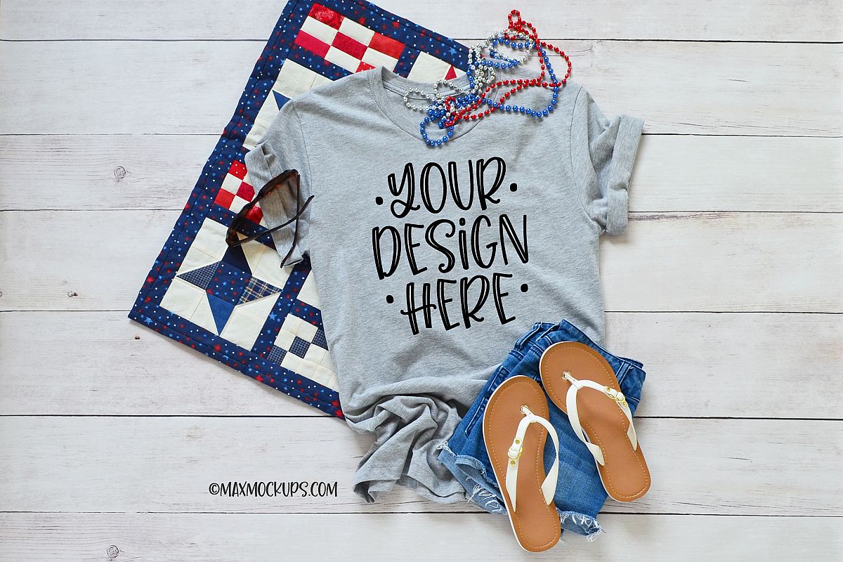 Gray t-shirt Mockup Bella Canvas, shorts summer July 4th example image 1