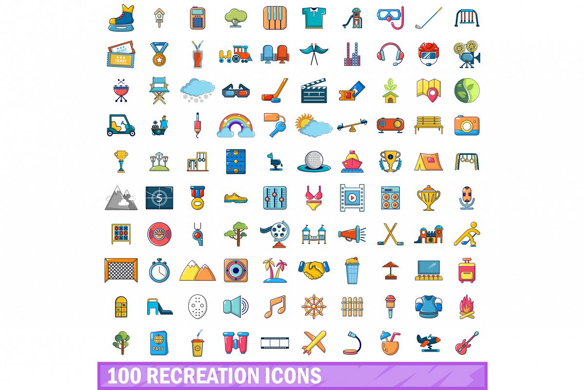 100 recreation icons set, cartoon style example image 1