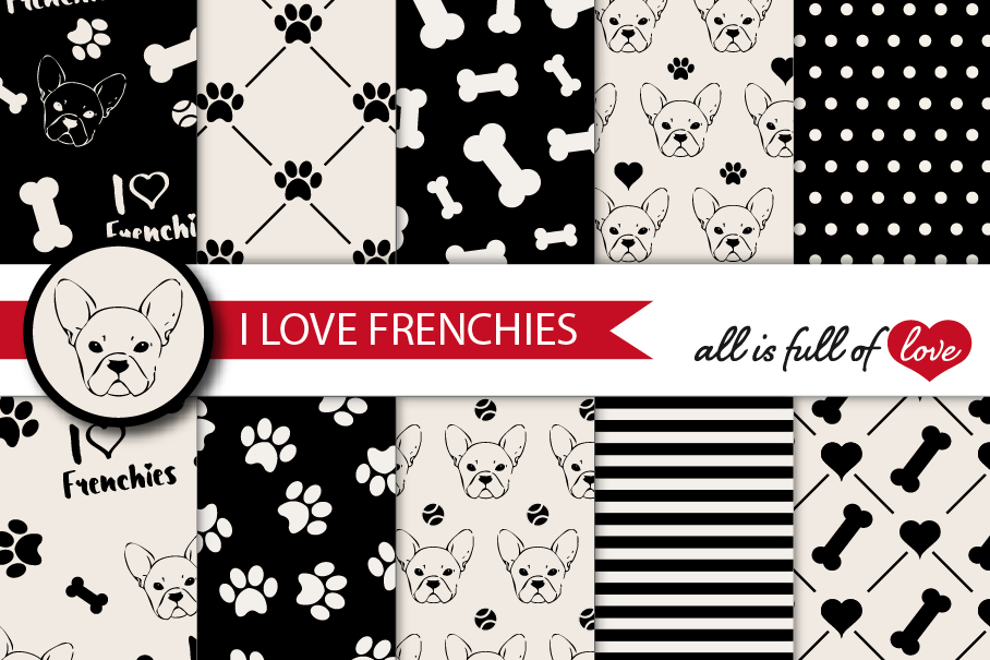 I Love Frenchies Digital Paper French Bulldog Background Patterns in Black and Cream example image 1