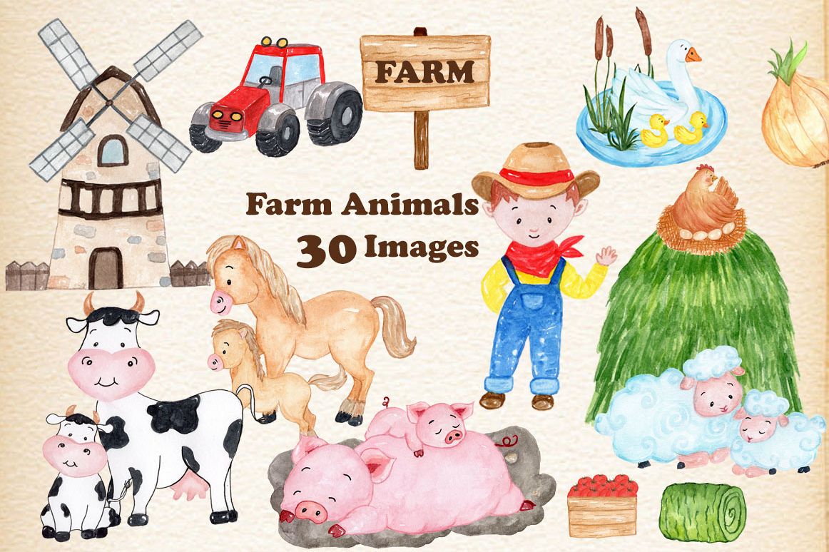 Download Watercolor Farm Animals Clipart