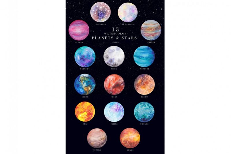 15 watercolor planets and stars set example image 1