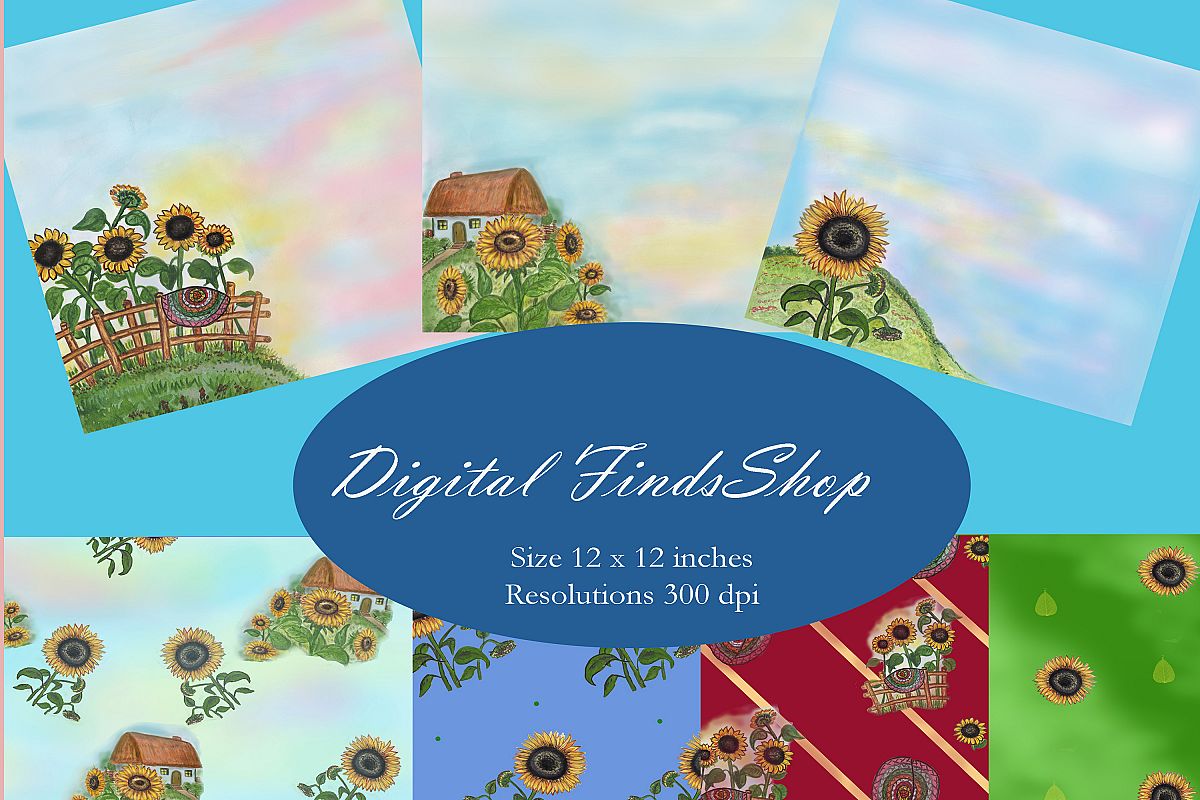 Sunflowers digital paper, set 7 pcs, rustic digital paper example image 1
