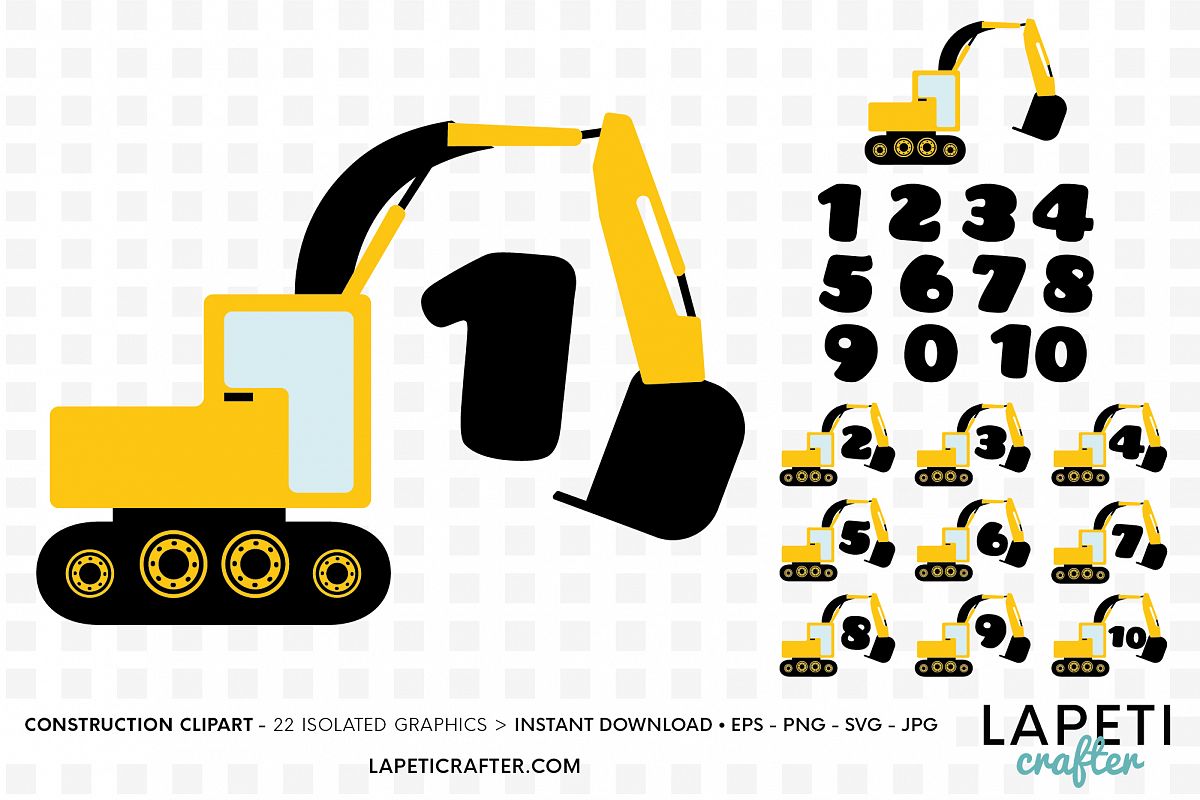 Download Construction birthday numbers, yellow excavator clipart