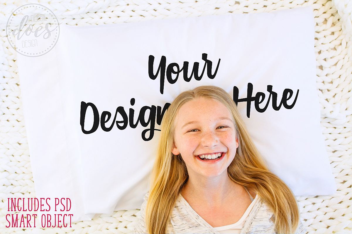 White Pillowcase Mockup with Girl| Smart Object Mock-Up example image 1