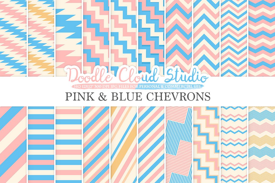 Pink and Blue Chevron digital paper, Chevron and Stripes pattern, Zig Zag lines Pink and Azure background for Personal & Commercial Use example image 1