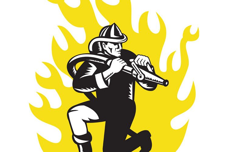 fireman firefighter kneel aim fire hose example image 1