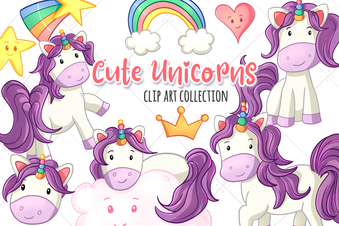Cute Unicorns and Rainbows Clip Art Set