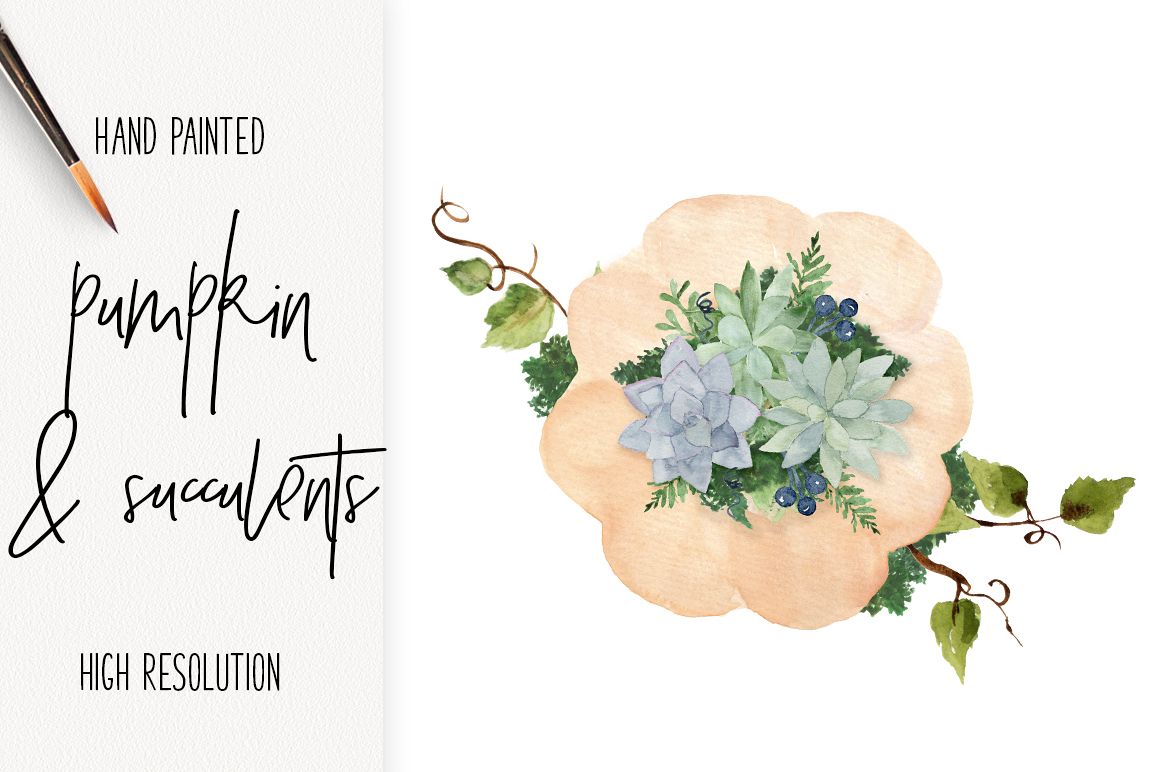 pumpkin and succulent watercolor arrangement clip art PNG example image 1