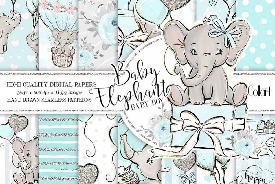 Elephant digital paper, baby boy papers, seamless patterns example image 1