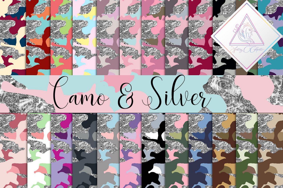 Camo & Silver Glitter Digital Paper example image 1