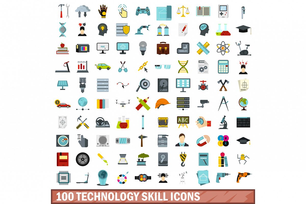 100 technology skill icons set, flat style example image 1