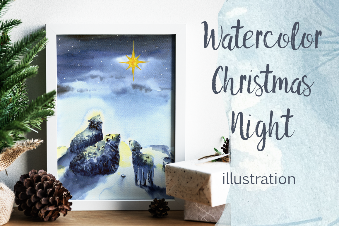 Watercolor Christmas Night Print example image 1