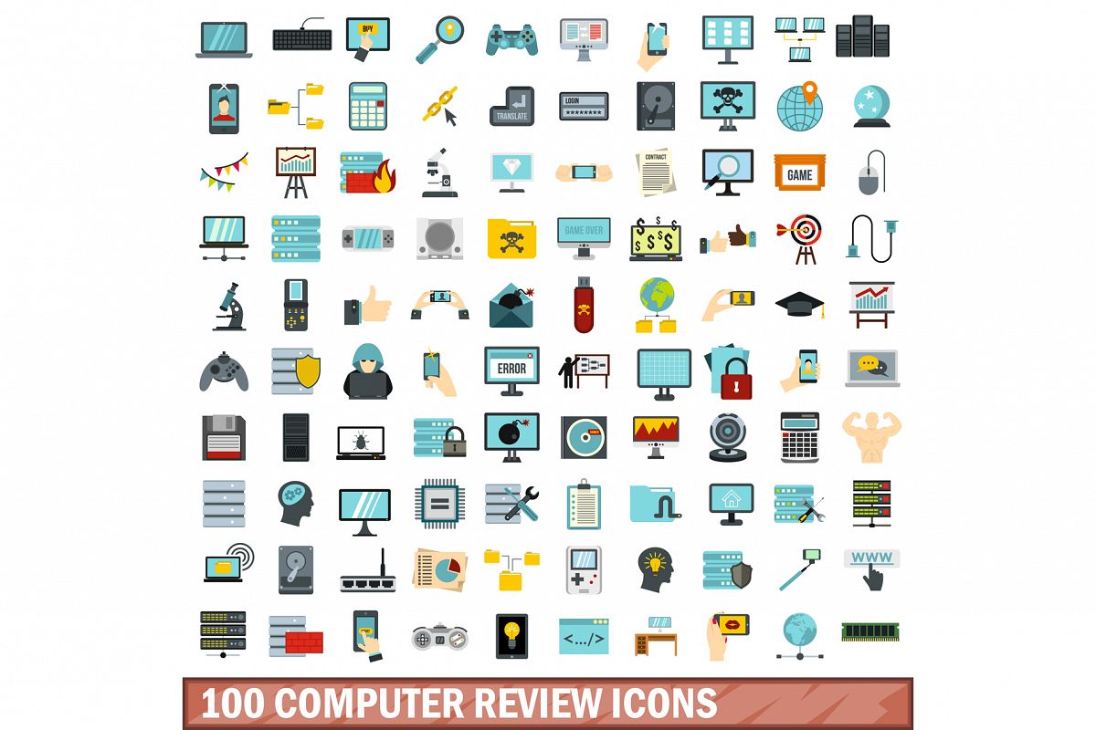 100 computer review icons set, flat style example image 1