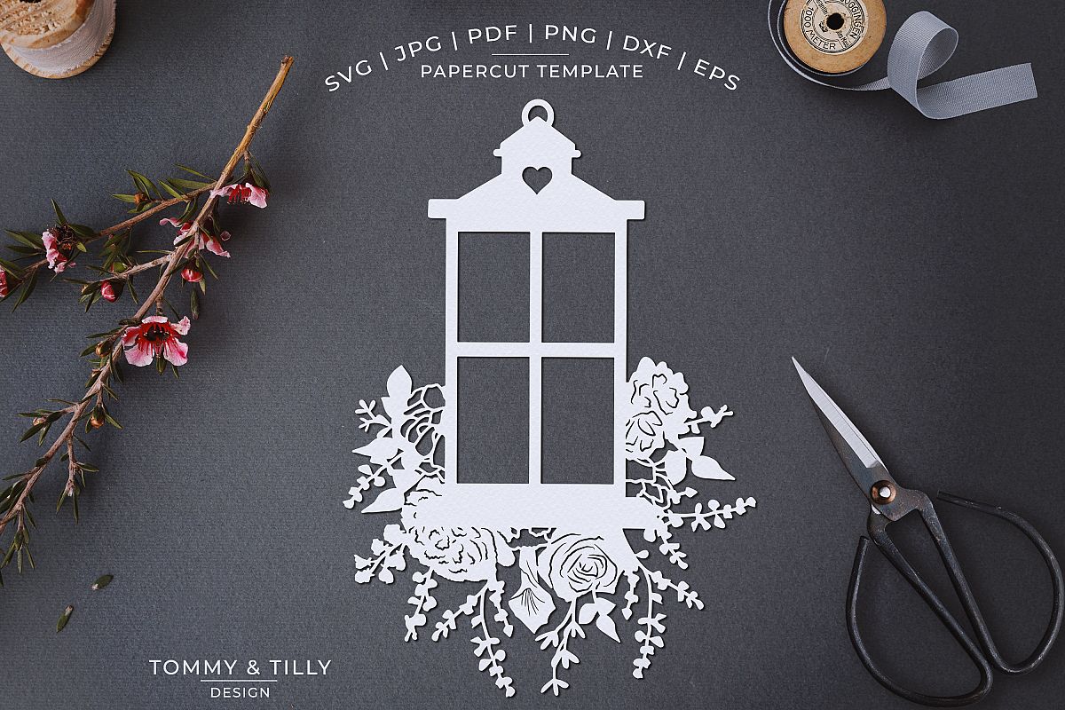 Romantic Floral Lantern- Papercut Template SVG JPG PNG example image 1