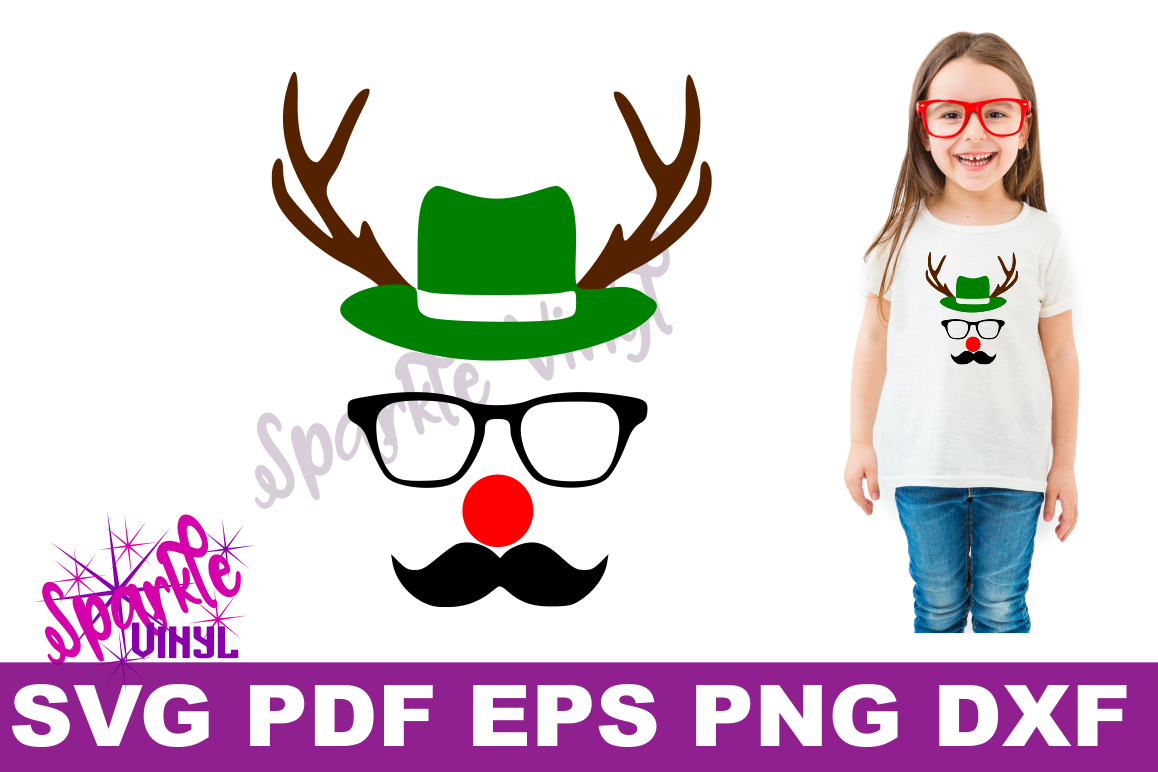 Svg Christmas Reindeer face ladies shirt tshirt outfit with hat glasses mustache red nose antlers svg files for cricut silhouette printable example image 1